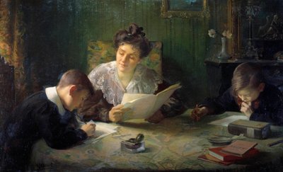 Trabalho de casa Uma mãe ajuda as crianças a fazer os seus trabalhos de casa. Pintura de Henri Jamet (1858-1940) Século XX Orleães, Musee des Beaux Arts de Henri Jamet