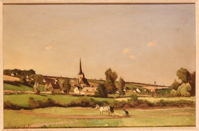 Uma paisagem extensa com um lavrador e uma vila além de Henri Joseph Harpignies