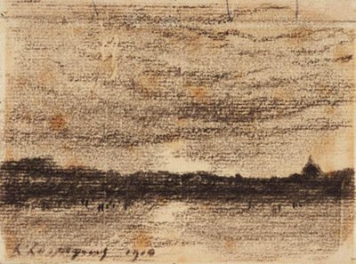 Paisagem do pôr do sol com vista para a água em direção a uma cidade de Henri Joseph Harpignies