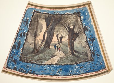 Viajantes em um caminho arborizado com uma borda de figuras caprichosas e macacos de Henri Joseph Harpignies