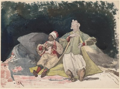 Duas bonecas ou fantoches sentados em almofadas de Henri Joseph Harpignies