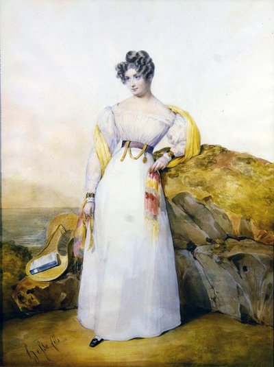 Retrato de uma senhora numa paisagem (aguarela e guache em veludo) de Henri Joseph Hesse