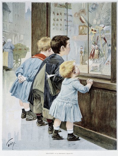 La Temptation: Crianças na frente de uma vitrine olhando para brinquedos - doente. por Geoffroy, em "Figaro ilustrado" de Henri Jules Jean Geoffroy