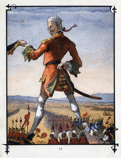 Lemuel Gulliver comanda o exército dos liliputianos. Ilustração para "Gulliver