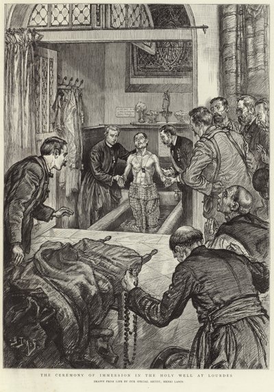A cerimónia de imersão no poço sagrado de Lourdes (litografia) de Henri Lanos
