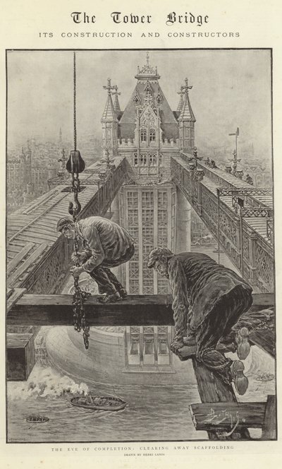 A Tower Bridge, a sua construção e os seus construtores (litografia) de Henri Lanos
