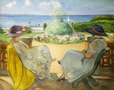 Duas mulheres jovens em um terraço à beira-mar; Duas meninas em um terraço de frente para o mar, 1922 de Henri Lebasque