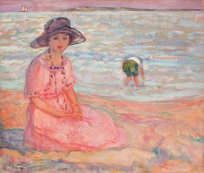 Mulher de vestido rosa à beira-mar; Mulher em um vestido rosa à beira-mar, c.1920 de Henri Lebasque