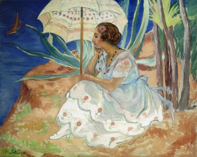 Jovem mulher com um guarda-chuva, Saint Maxime; Moça em "Ombrelle Saint-Maxime, c.1918 de Henri Lebasque