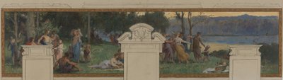 Esboço para a Câmara Municipal de Pantin: Alegorias do Canal de Ourcq, Trabalho e Navegação - Fête champêtre (teto e painel de parede) de Henri Leopold Levy