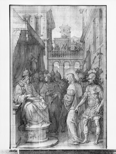Vida de Cristo, Cristo antes de Herodes, estudo preparatório de desenhos animados de tapeçaria para a Igreja Saint-Merri em Paris, c.1585-90 (Pierre Noire und Wash und White destaca no papel) de Henri Lerambert
