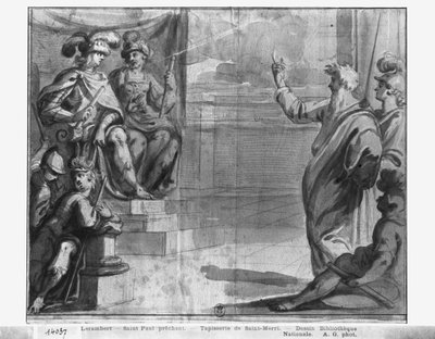 Vida de Cristo, São Paulo pregando, estudo preparatório de desenho animado de tapeçaria para a Igreja Saint-Merri em Paris, c.1585-90 (Pierre Noire und Wash und White destaca no papel) de Henri Lerambert