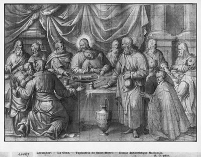 Vida de Cristo, a Última Ceia, estudo preparatório de desenhos animados de tapeçaria para a Igreja Saint-Merri em Paris, c.1585-90 (Pierre Noire und Wash und White destaca no papel) de Henri Lerambert