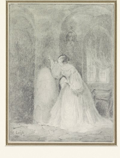 Interior com uma jovem encostada em uma coluna de Henri Leys (baron)
