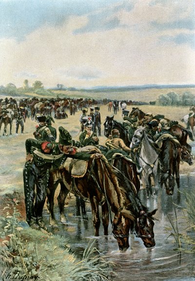 Coronel Castex Alimenta os Cavalos antes de uma Carga de Henri Louis Dupray