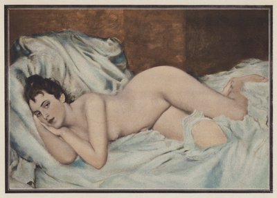 Mulher nua sobre uma cama (cor litho) de Henri Lucien (after) Doucet