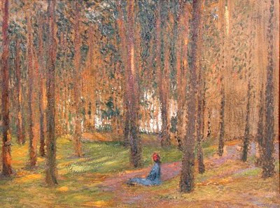 Um Andador Sentado na Floresta, c.1890 (óleo a bordo) de Henri Martin