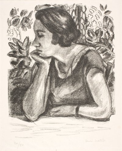 Retrato de meio corpo de uma senhora com o queixo apoiado na mão direita de Henri Matisse