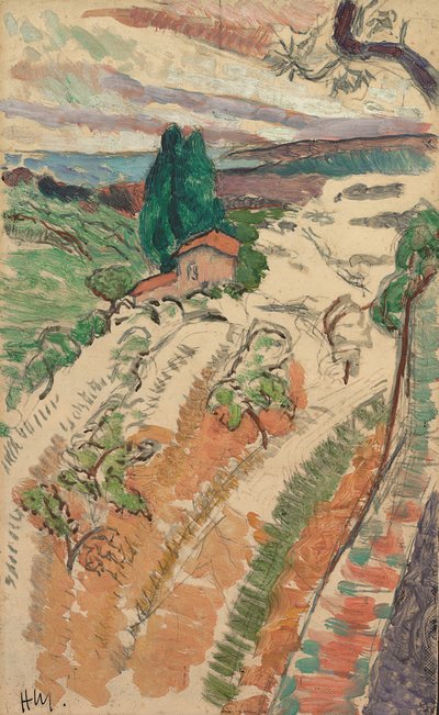 Paisagem, St. Tropez, c. 1904 (óleo sobre lápis sobre painel) de Henri Matisse
