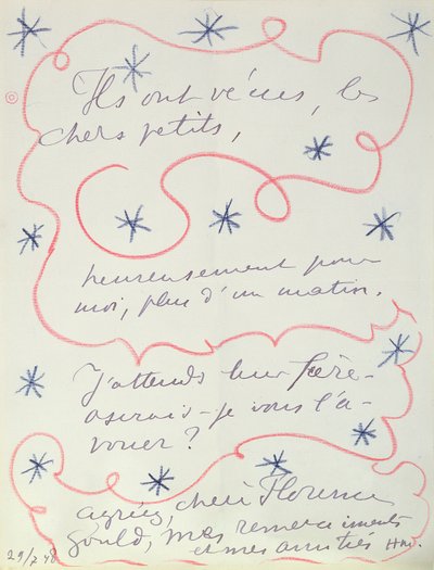 Carta do pintor a Florence Gould (n.1895), 29 de julho de 1948 (caneta e lápis de cor sobre papel) de Henri Matisse