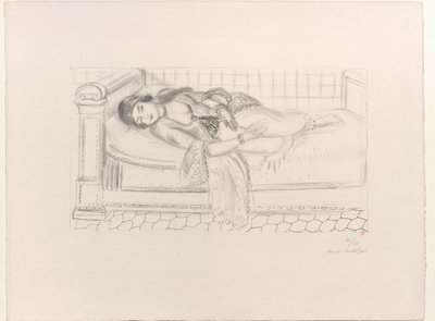 Mulher oriental numa espreguiçadeira, sobre um chão de azulejos vermelhos de Henri Matisse