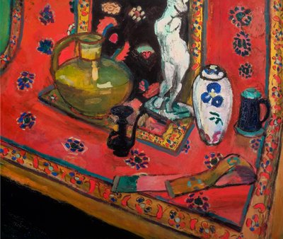 Estatueta e vasos sobre um tapete oriental de Henri Matisse