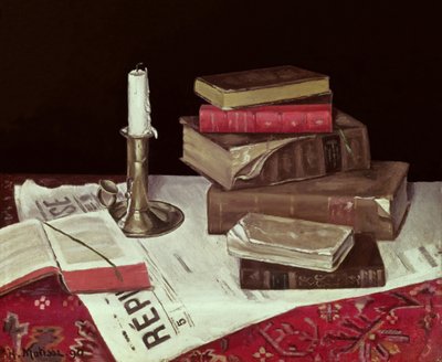 Natureza morta com livros e vela de Henri Matisse