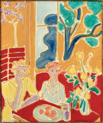 Duas jovens raparigas sobre fundo amarelo e vermelho de Henri Matisse