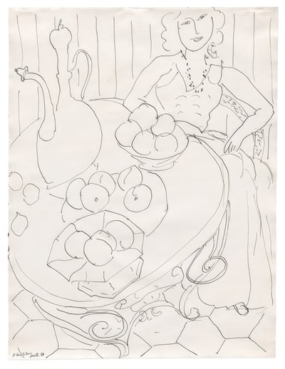 Mulher sentada à mesa com fruta e jarro de Henri Matisse