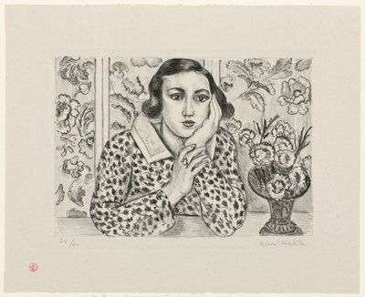Jovem rapariga encostada a um biombo florido de Henri Matisse