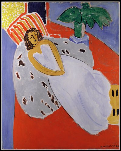 Mulher jovem de branco, fundo vermelho de Henri Matisse