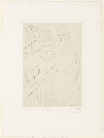 Jovem num balcão a observar periquitos de Henri Matisse