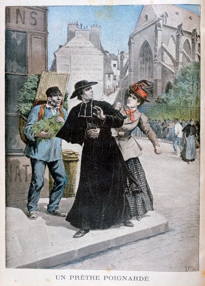 Um padre católico é esfaqueado por uma mulher na rua, França, 1897 de Henri Meyer