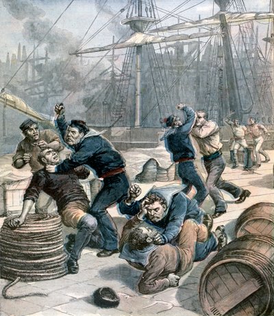 Briga entre marinheiros ingleses e alemães nas docas de Millwall, Londres, 1892 de Henri Meyer