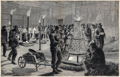 O abrigo nocturno do Palais des Arts Liberaux nos Champs de Mars em 1891 - Desenho de Henri Meyer, Gravação de Navellier em "Le journal illustrious" de 1891 de Henri Meyer