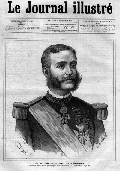 Retrato de Alfonso XII de Espanha (Alphonse XII) (1857-1885), Rei de Espanha - Capa de "O Diário Ilustrado" de 1883 - Desenho de Henri Meyer (1844-1899) de Henri Meyer