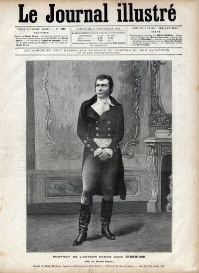 Retrato de Leon Marais (1853-1891) em "Thermidor" de Victorian Sardou no papel de Hugon Marcial - Desenho de Henri Meyer, Gravação de Navellier em "The Illustrous Diary" de 1891 de Henri Meyer