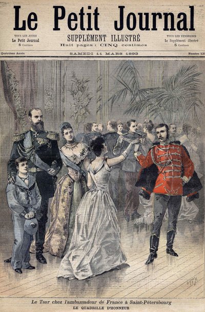 Czar Alexandre III no Embaixador da França O Conde de Montebello em São Petersburgo, em 1893. A grelha de honra. Capa do Le Petit Journal 1893 (gravura) de Henri Meyer