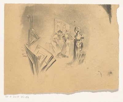 Três mulheres olham para impressões em um estúdio de Henri Patrice Dillon (possibly)