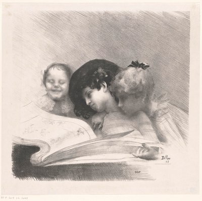 Três meninas olham para um álbum de fotos de Henri Patrice Dillon