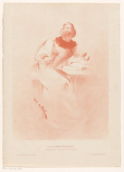 Mulher atrás de uma mesa com um livro aberto, uma caneta na mão La comptabilité (título no objeto) de Henri Patrice Dillon