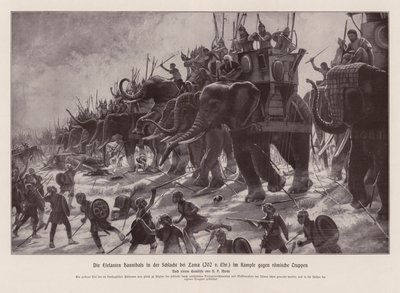 Os elefantes de Aníbal na batalha de Zama, 202 a.C. (litografia) de Henri Paul (after) Motte