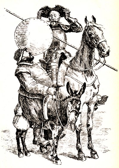 Dom Quixote no seu cavalo, ao lado de Sancho no seu burro de Henri Pille