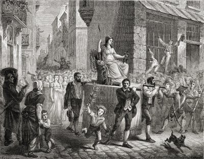 A Procissão da Deusa da Razão, 10 de novembro de 1793, de "Histoire de la Revolution Française", de Louis Blanc (1811-82), gravada por Meyer-Heine, 1847-1862 de Henri Renaud