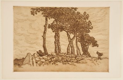 Alte Frau mit einem Bündel nahe einer Baumreihe de Henri Rivière