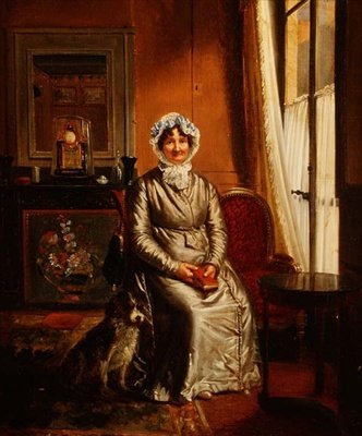 Uma senhora com um cão num interior de Henri Serrur