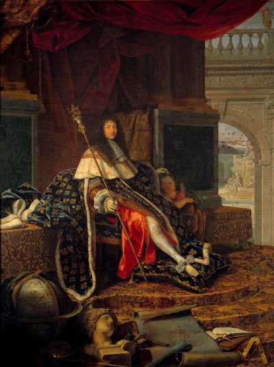 Retrato de Luís XIV (1638 - 1715) rei da França, protector da Real Academia de Pintura e Escultura, com o ceptro de Carlos V dit de Carlos Magno. Pintura de Henri Testelin (1616 - 1695) de Henri Testelin