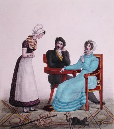 "E acima de tudo, seja bom!", caricatura de um casal falando com sua empregada antes de sair, c.1820-30 (cor litho) de Henri Villain
