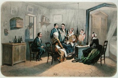 Uma Leitura com o Concierge, 2ª metade do século XIX (cor litho) de Henri de (after) Montaut