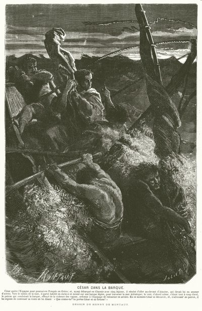 Júlio César, disfarçado de escravo, revelando a sua identidade à tripulação de um barco apanhado numa tempestade ao atravessar o Mar Adriático, 48 a.C. (gravura) de Henri de (after) Montaut